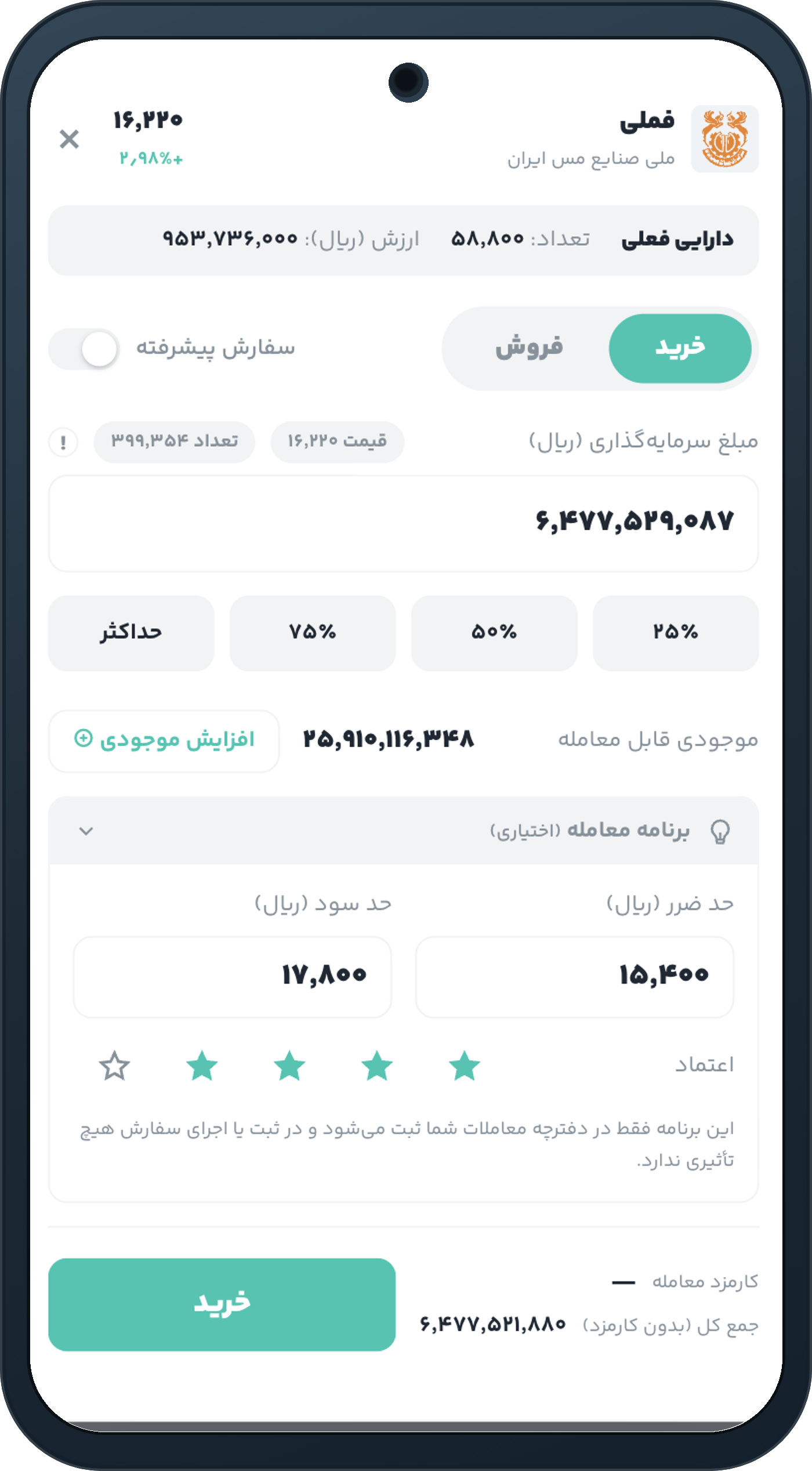 برنامهٔ معامله در کارت خرید — حد ضرر، حد سود و میزان اعتماد