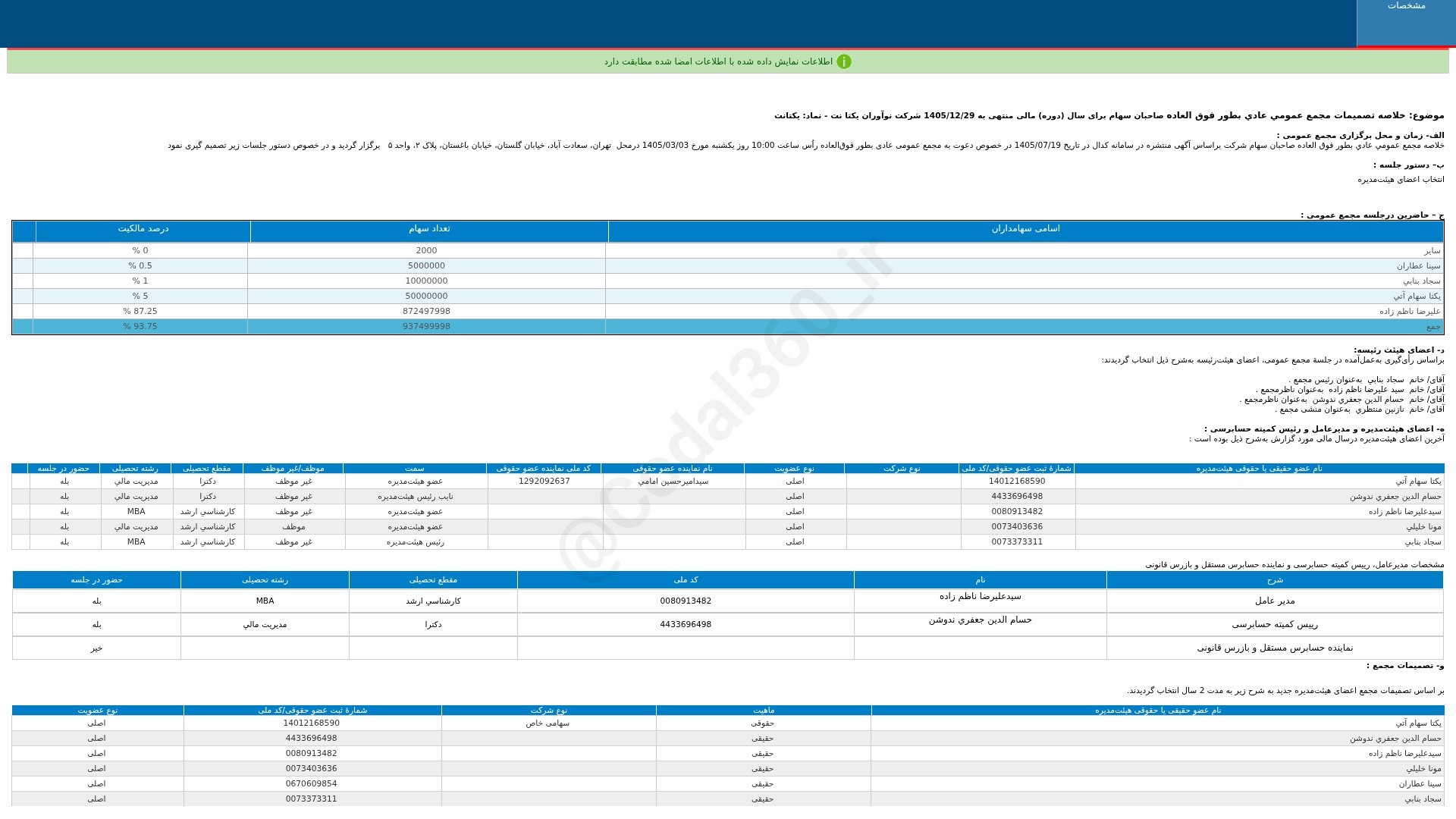 «یکتانت خلاصه تصمیمات مجمع عمومی عادی به طور فوق العاده دوره 12 ماهه منتهی به 1405/12/29…» — تصویر پیوست