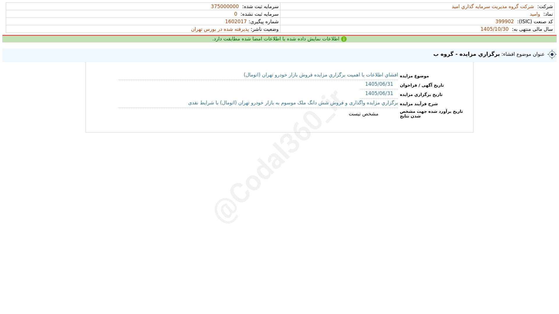 «وامید افشای اطلاعات بااهمیت - (برگزاری مزایده - گروه ب) منتهی به سال مالی 1405/10/30 شرکت…» — تصویر پیوست