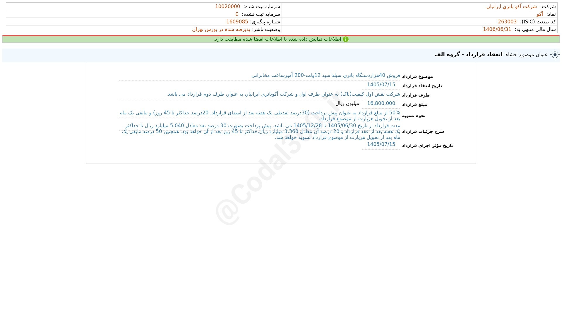 «آکو افشای اطلاعات بااهمیت - (انعقاد قرارداد - گروه الف) منتهی به سال مالی 1406/06/31 شرکت…» — تصویر پیوست
