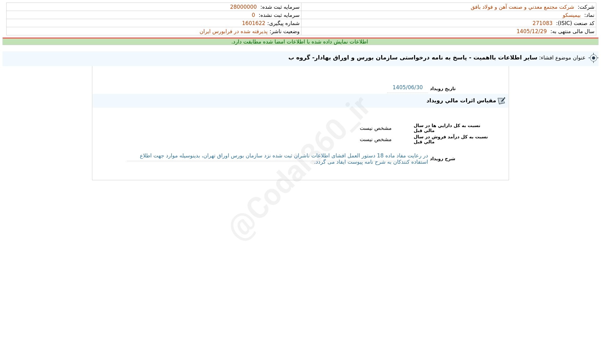 «بیمیسکو افشای اطلاعات بااهمیت - (سایر اطلاعات بااهمیت - پاسخ به نامه درخواستی سازمان بورس…» — تصویر پیوست