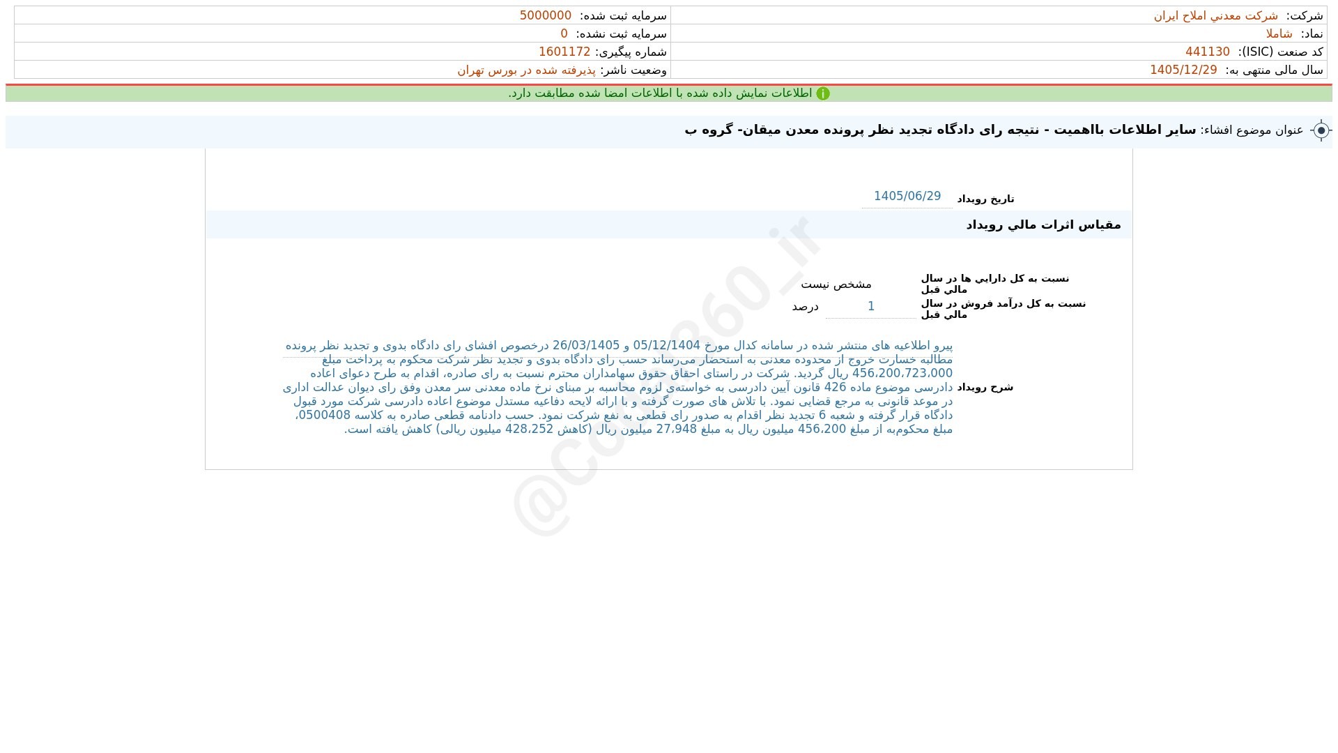 «شاملا افشای اطلاعات بااهمیت - (سایر اطلاعات بااهمیت - نتیجه رای دادگاه تجدید نظر پرونده…» — تصویر پیوست