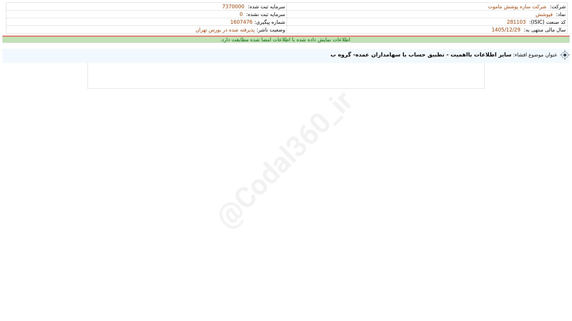 «فساپ افشای اطلاعات بااهمیت - (سایر اطلاعات بااهمیت - تطبیق حساب با سهامداران عمده- گروه…» — تصویر پیوست