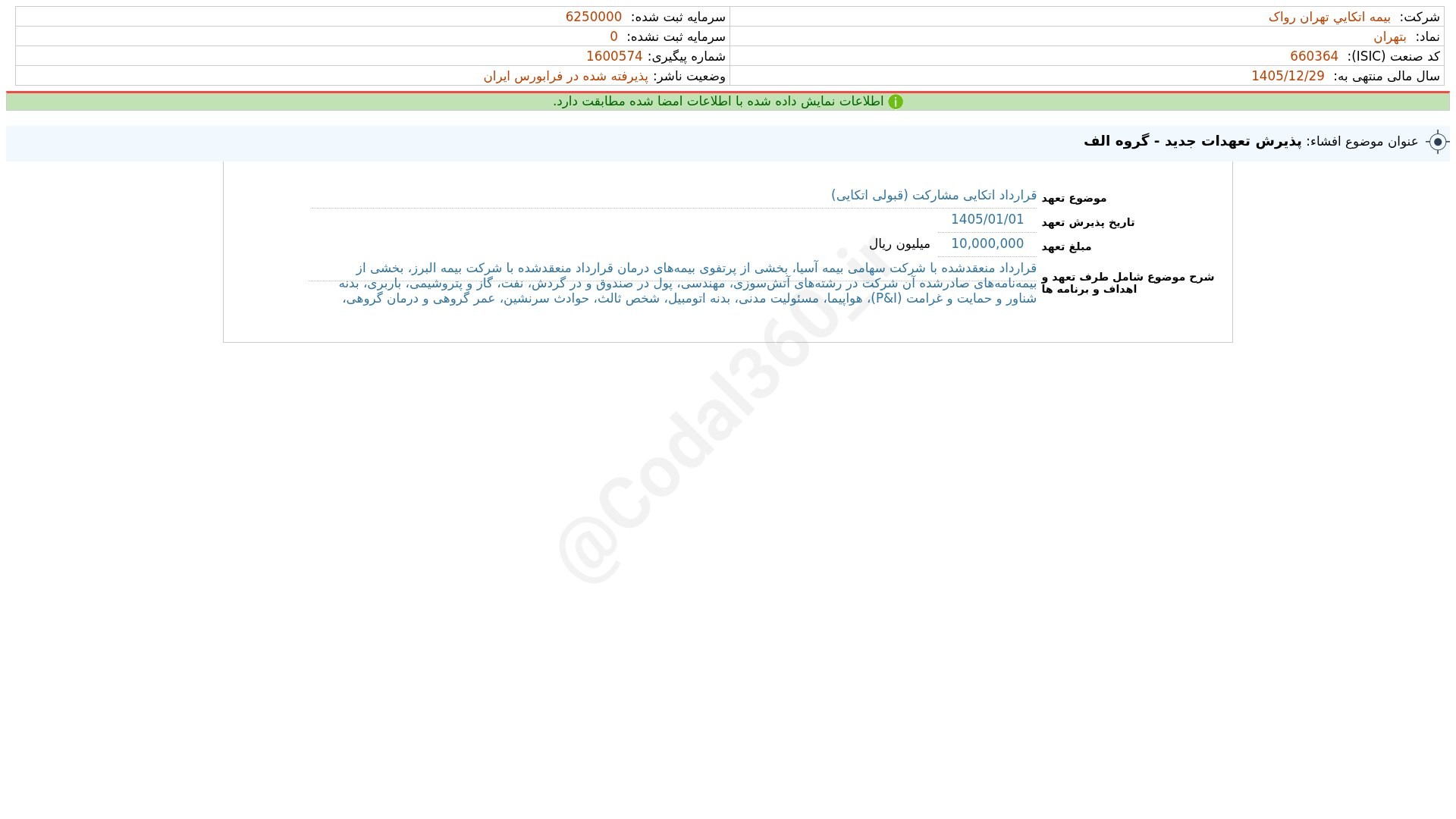 «بتهران افشای اطلاعات بااهمیت - (پذیرش تعهدات جدید - گروه الف) منتهی به سال مالی…» — تصویر پیوست