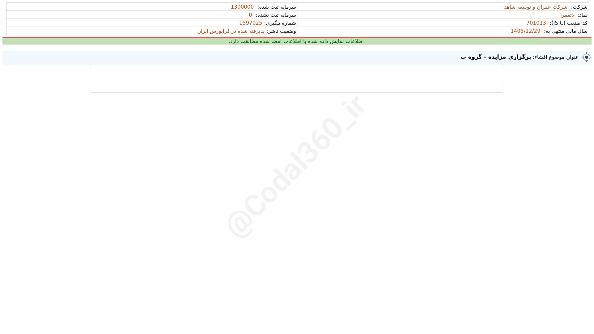 «ثعمرا افشای اطلاعات بااهمیت - (برگزاری مزایده - گروه ب) منتهی به سال مالی 1405/12/29 شرکت…» — تصویر پیوست