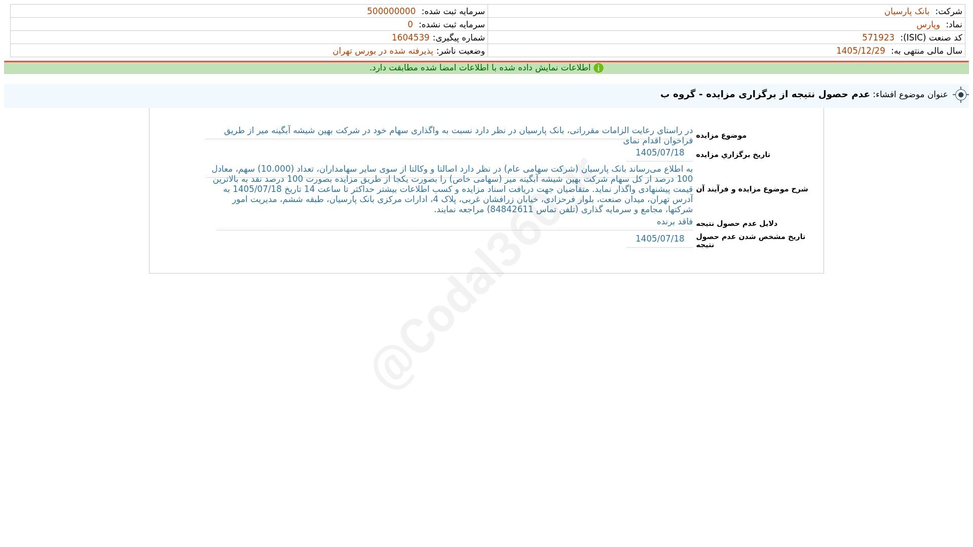 «وپارس افشای اطلاعات بااهمیت - (عدم حصول نتیجه از برگزاری مزایده - گروه ب) منتهی به سال…» — تصویر پیوست
