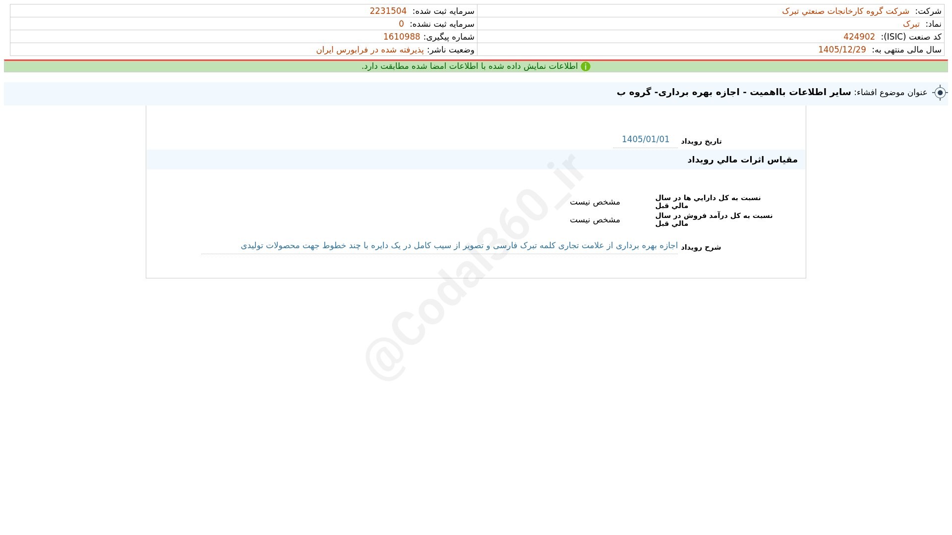 «تبرک افشای اطلاعات بااهمیت - (سایر اطلاعات بااهمیت - اجازه بهره برداری- گروه ب) منتهی به…» — تصویر پیوست