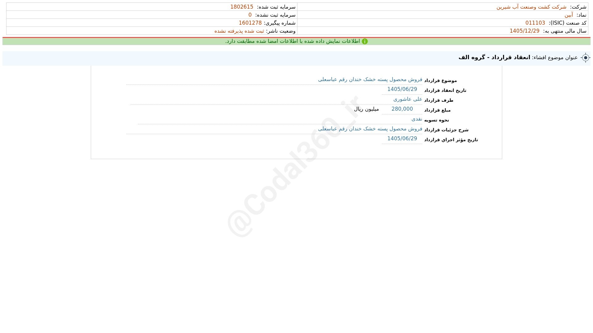 «آبین افشای اطلاعات بااهمیت - (انعقاد قرارداد - گروه الف) منتهی به سال مالی 1405/12/29…» — تصویر پیوست