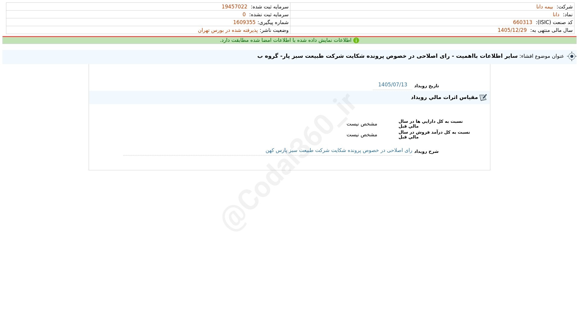 «دانا افشای اطلاعات بااهمیت - (سایر اطلاعات بااهمیت - رای اصلاحی در خصوص پرونده شکایت شرکت…» — تصویر پیوست