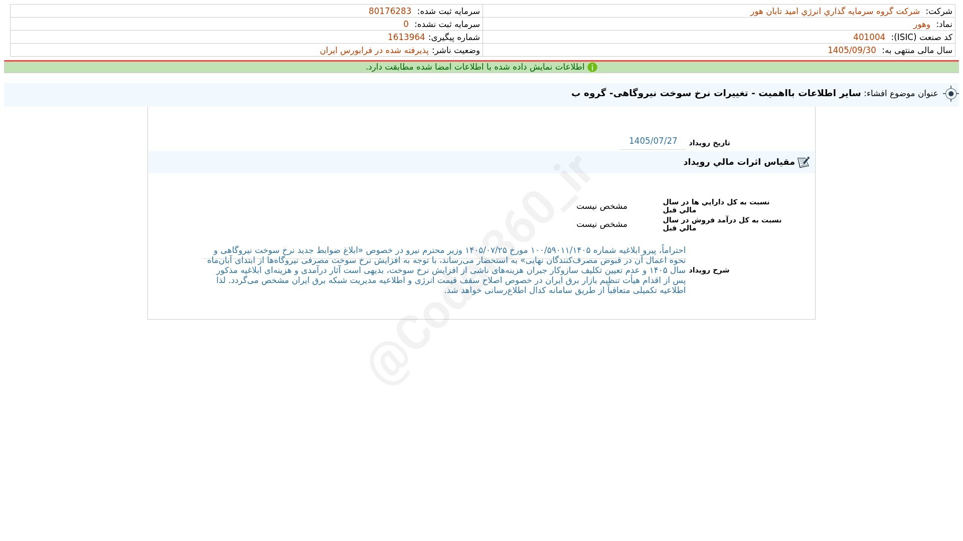«وهور افشای اطلاعات بااهمیت - (سایر اطلاعات بااهمیت - تغییرات نرخ سوخت نیروگاهی- گروه ب)…» — تصویر پیوست
