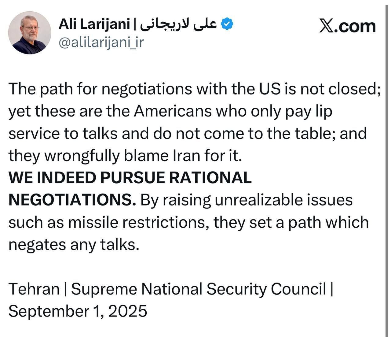 «لاریجانی: راه مذاکره با آمریکا بسته نیست؛ ما به دنبال مذاکره عاقلانه‌ایم» — تصویر پیوست