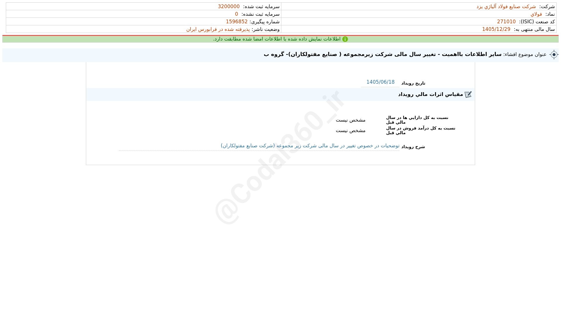 «فولای افشای اطلاعات بااهمیت - (سایر اطلاعات بااهمیت - تغییر سال مالی شرکت زیرمجموعه (…» — تصویر پیوست