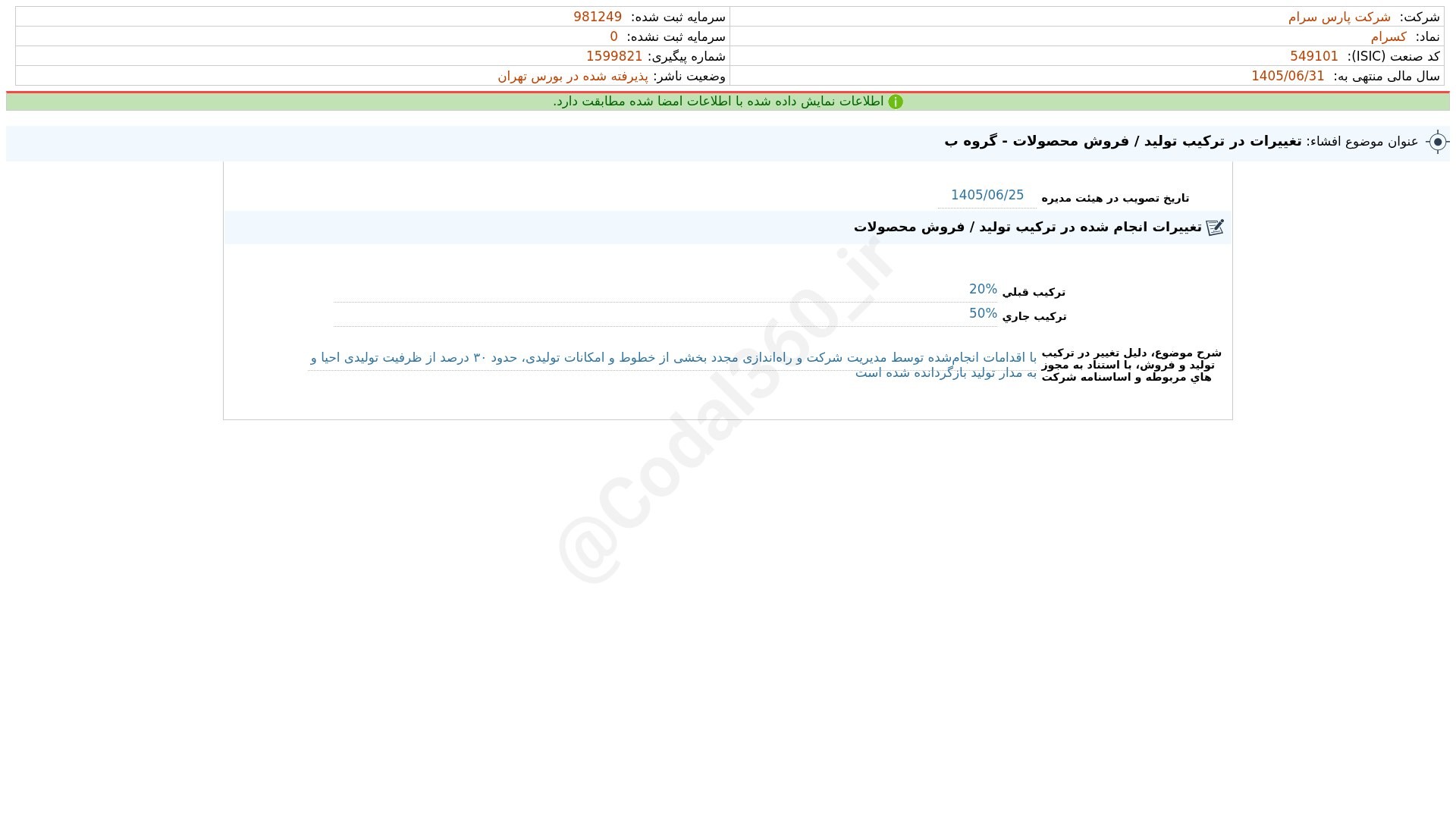 «کسرام افشای اطلاعات بااهمیت - (تغییرات در ترکیب تولید / فروش محصولات - گروه ب) منتهی به…» — تصویر پیوست