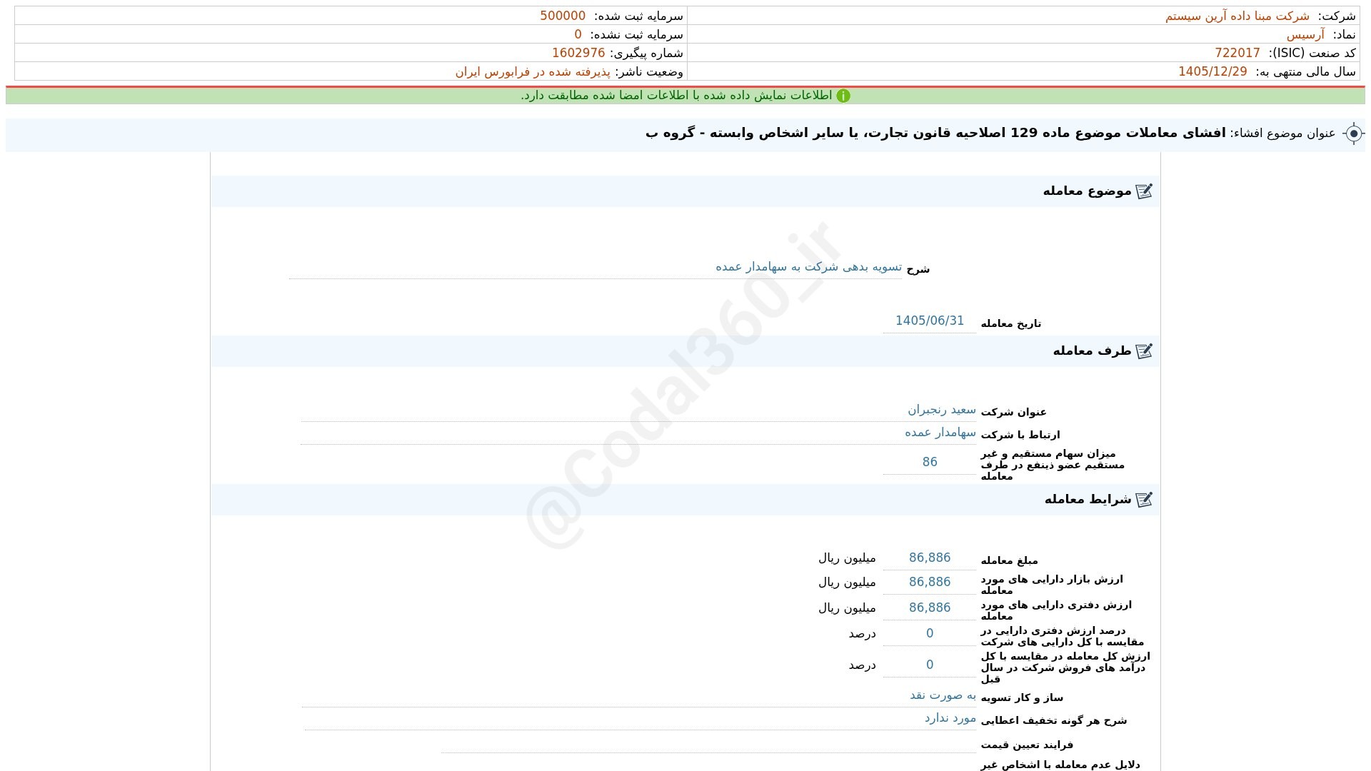 «آرسیس افشای اطلاعات بااهمیت - (افشای معاملات موضوع ماده 129 اصلاحیه قانون تجارت، یا سایر…» — تصویر پیوست