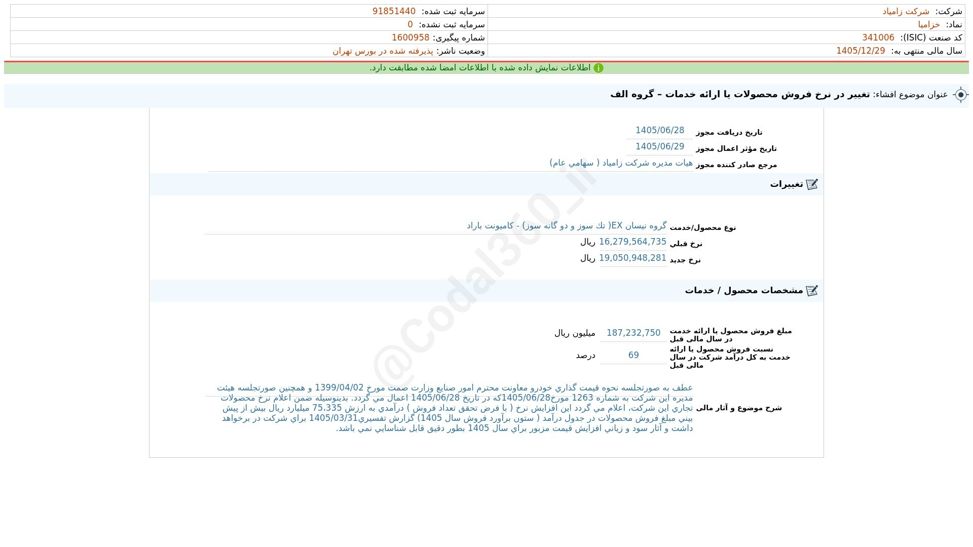 «خزامیا افشای اطلاعات بااهمیت - (تغییر در نرخ فروش محصولات یا ارایه خدمات – گروه الف)…» — تصویر پیوست