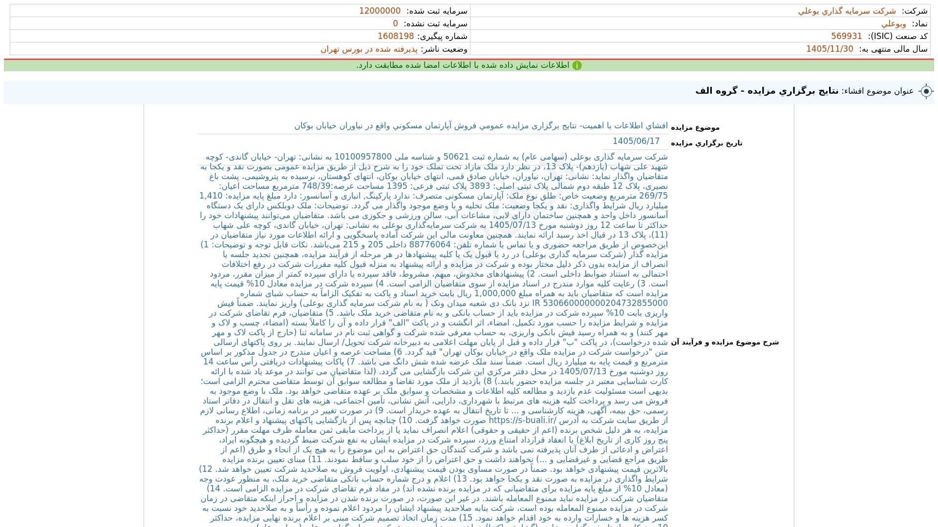 «وبوعلی افشای اطلاعات بااهمیت - (نتایج برگزاری مزایده - گروه الف) منتهی به سال مالی…» — تصویر پیوست
