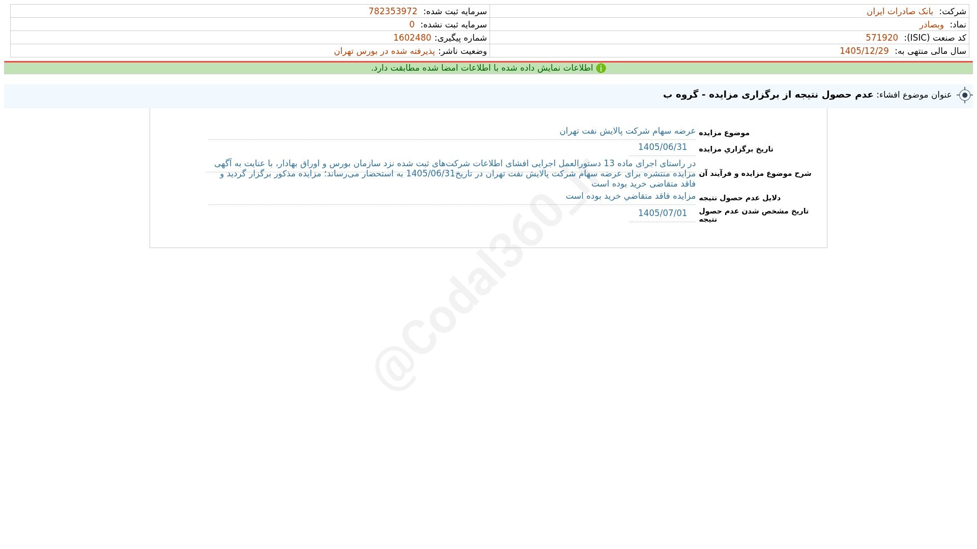 «وبصادر افشای اطلاعات بااهمیت - (عدم حصول نتیجه از برگزاری مزایده - گروه ب) منتهی به سال…» — تصویر پیوست