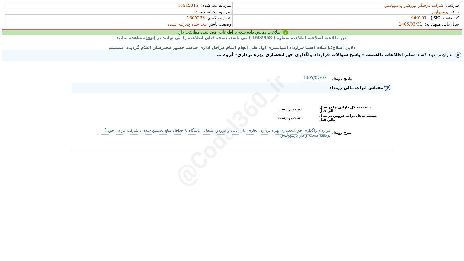 «پرسپولیس افشای اطلاعات بااهمیت - (سایر اطلاعات بااهمیت - پاسخ سوالات قرارداد واگذاری حق…» — تصویر پیوست