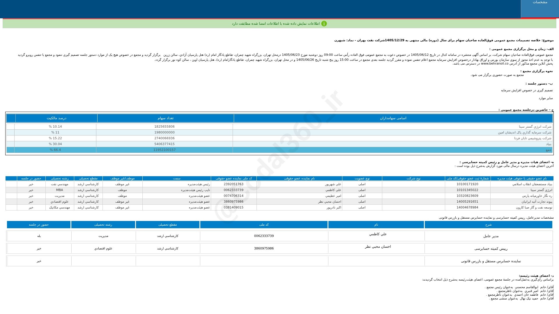 «شبهرن خلاصه تصمیمات مجمع عمومی فوق العاده دوره 12 ماهه منتهی به 1405/12/29 شرکت نفت بهران» — تصویر پیوست