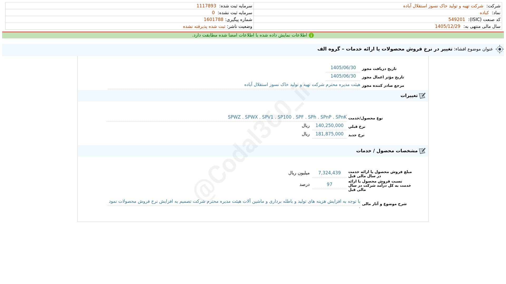 «کباده افشای اطلاعات بااهمیت - (تغییر در نرخ فروش محصولات یا ارایه خدمات – گروه الف) منتهی…» — تصویر پیوست