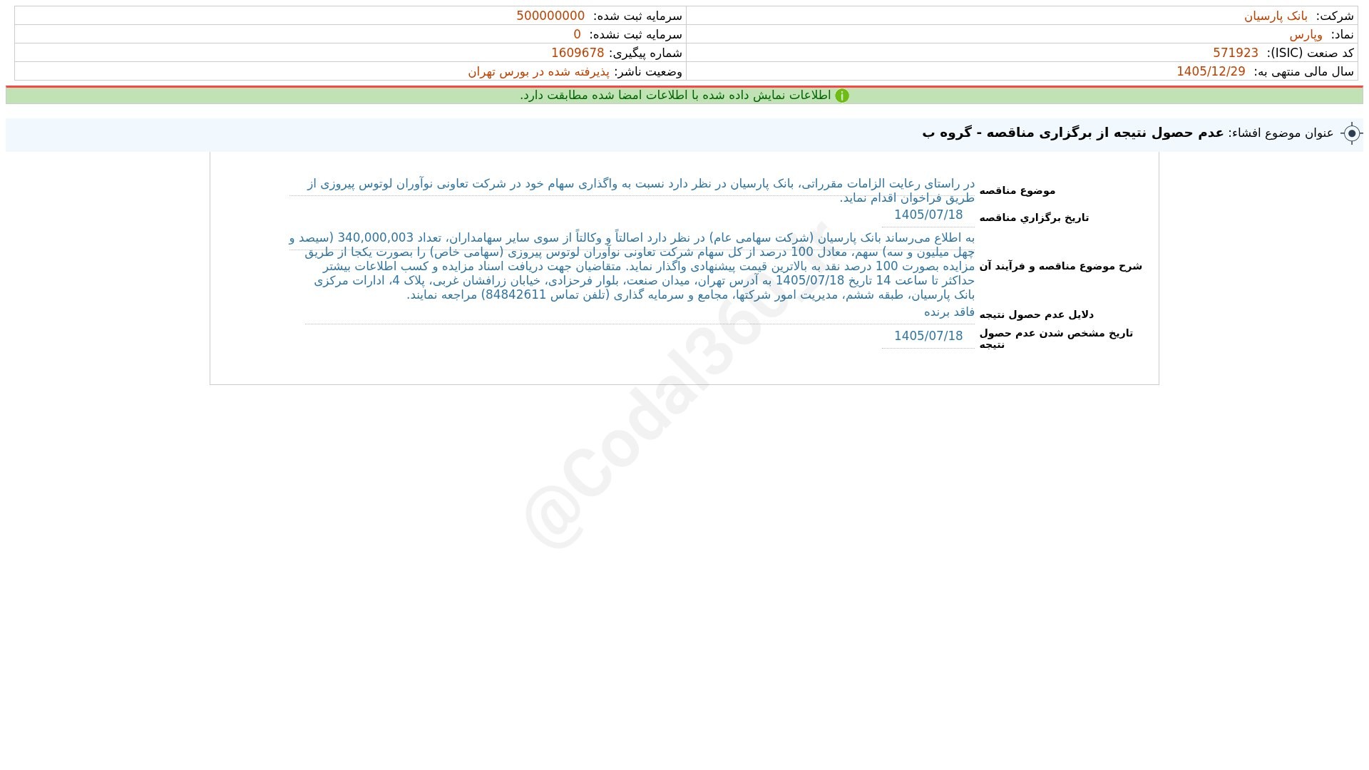 «وپارس افشای اطلاعات بااهمیت - (عدم حصول نتیجه از برگزاری مناقصه - گروه ب) منتهی به سال…» — تصویر پیوست