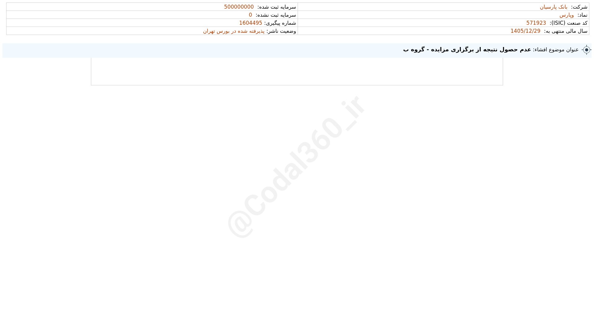 «وپارس افشای اطلاعات بااهمیت - (عدم حصول نتیجه از برگزاری مزایده - گروه ب) منتهی به سال…» — تصویر پیوست