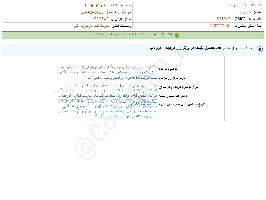 «وتجارت افشای اطلاعات بااهمیت - (عدم حصول نتیجه از برگزاری مزایده - گروه ب) منتهی به سال…» — تصویر پیوست
