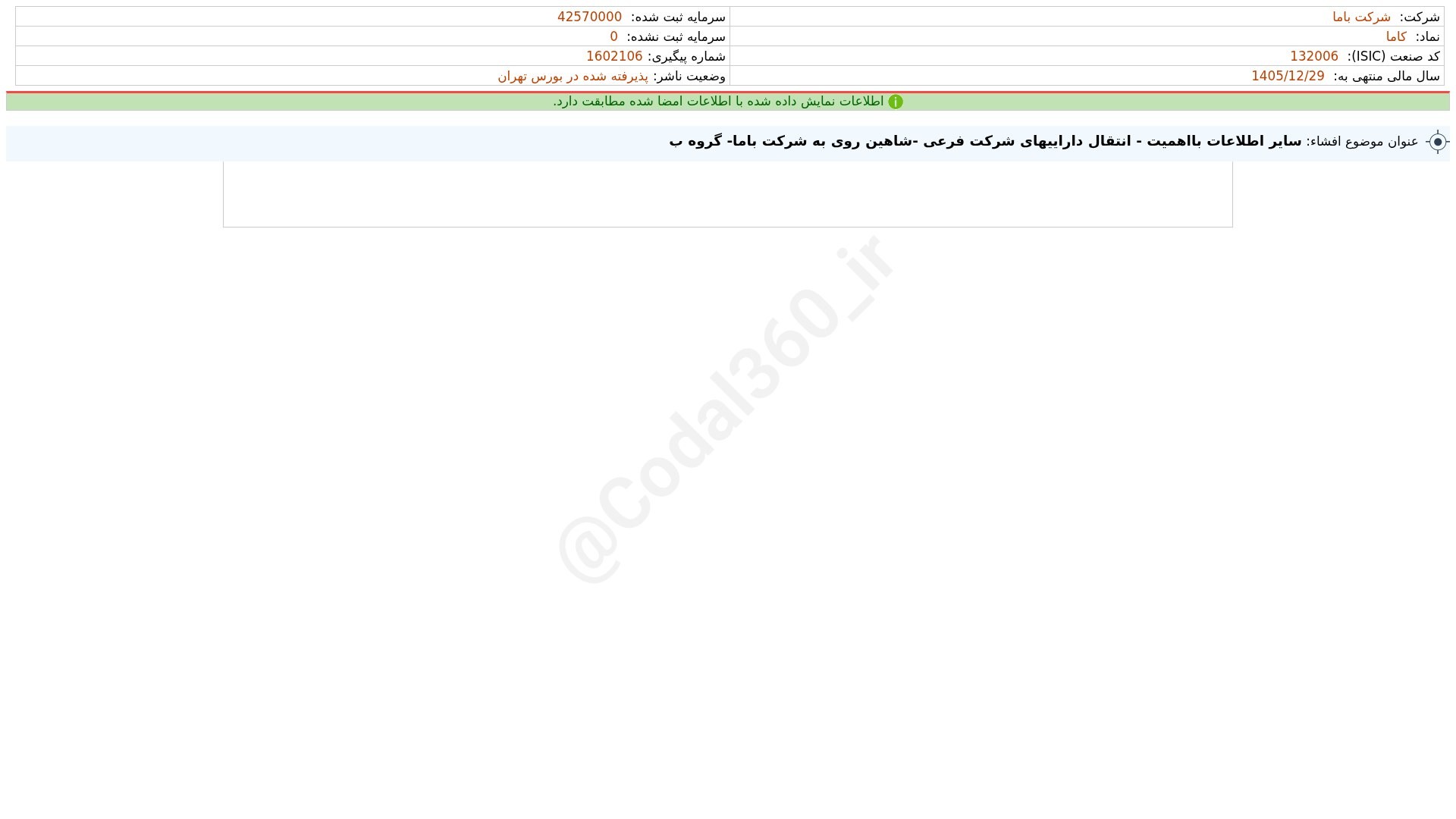 «کاما افشای اطلاعات بااهمیت - (سایر اطلاعات بااهمیت - انتقال داراییهای شرکت فرعی -شاهین…» — تصویر پیوست