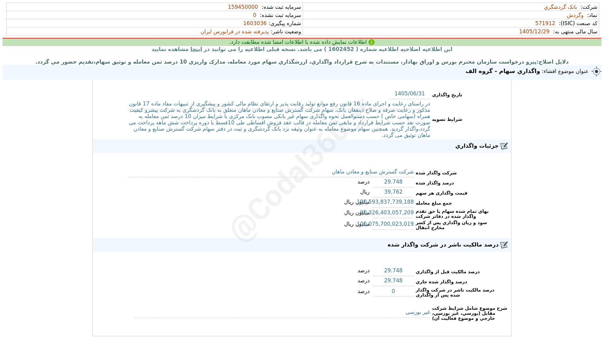 «وگردش افشای اطلاعات بااهمیت - (واگذاری سهام - گروه الف) منتهی به سال مالی…» — تصویر پیوست
