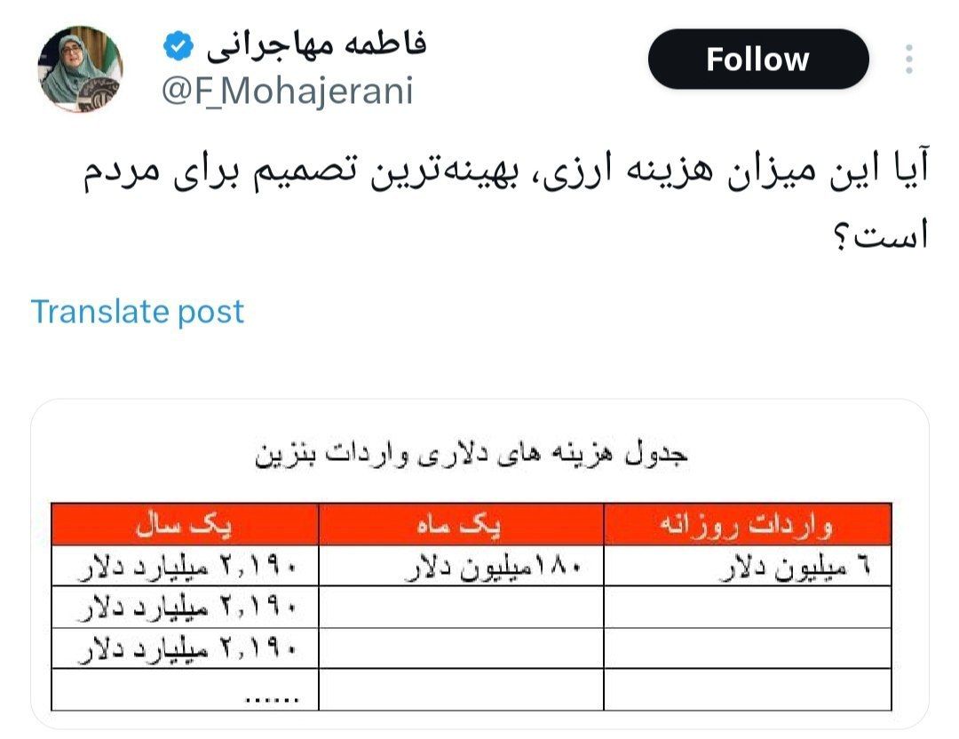 «فاطمه مهاجرانی با انتشار جدولی از هزینه‌های ارزی واردات بنزین نوشت: آیا این میزان هزینه…» — تصویر پیوست