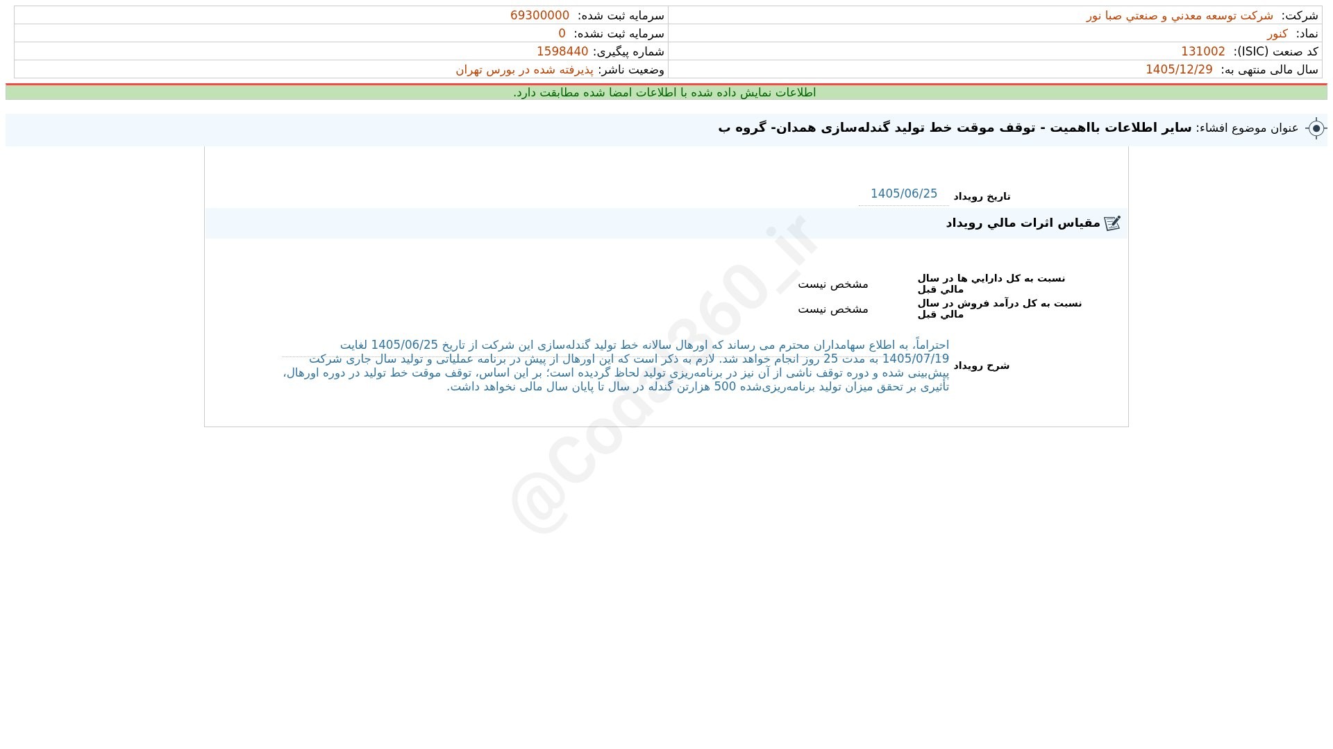 «کنور افشای اطلاعات بااهمیت - (سایر اطلاعات بااهمیت - توقف موقت خط تولید گندله‌سازی همدان…» — تصویر پیوست