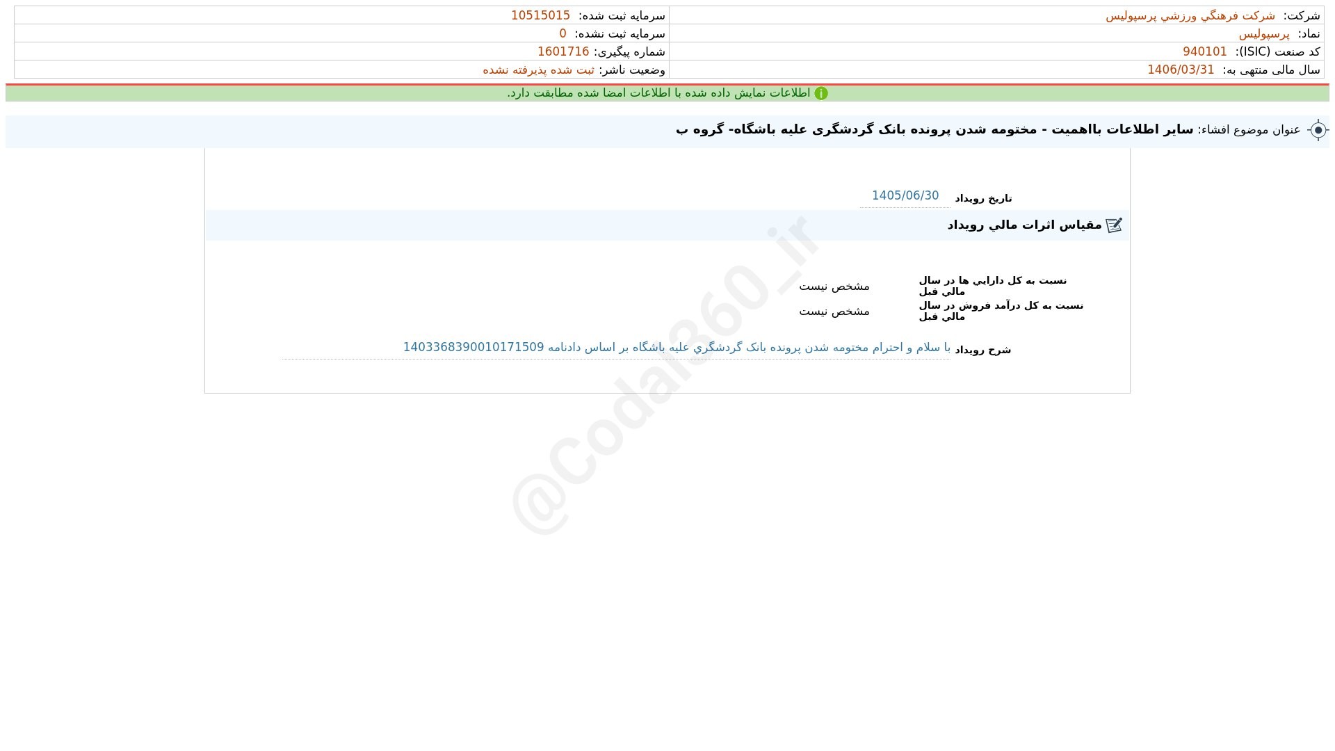«پرسپولیس افشای اطلاعات بااهمیت - (سایر اطلاعات بااهمیت - مختومه شدن پرونده بانک گردشگری…» — تصویر پیوست