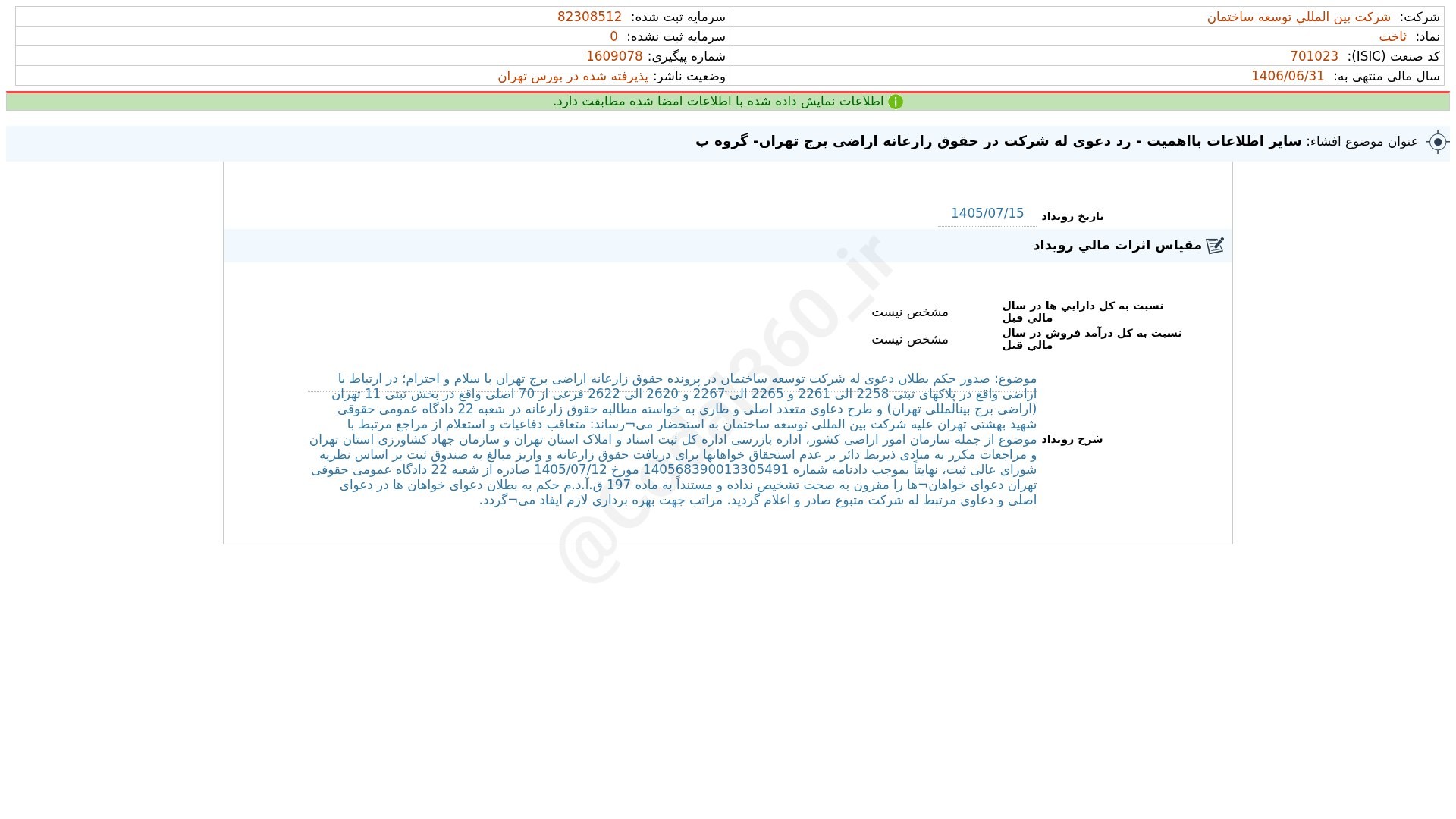 «ثاخت افشای اطلاعات بااهمیت - (سایر اطلاعات بااهمیت - رد دعوی له شرکت در حقوق زارعانه…» — تصویر پیوست