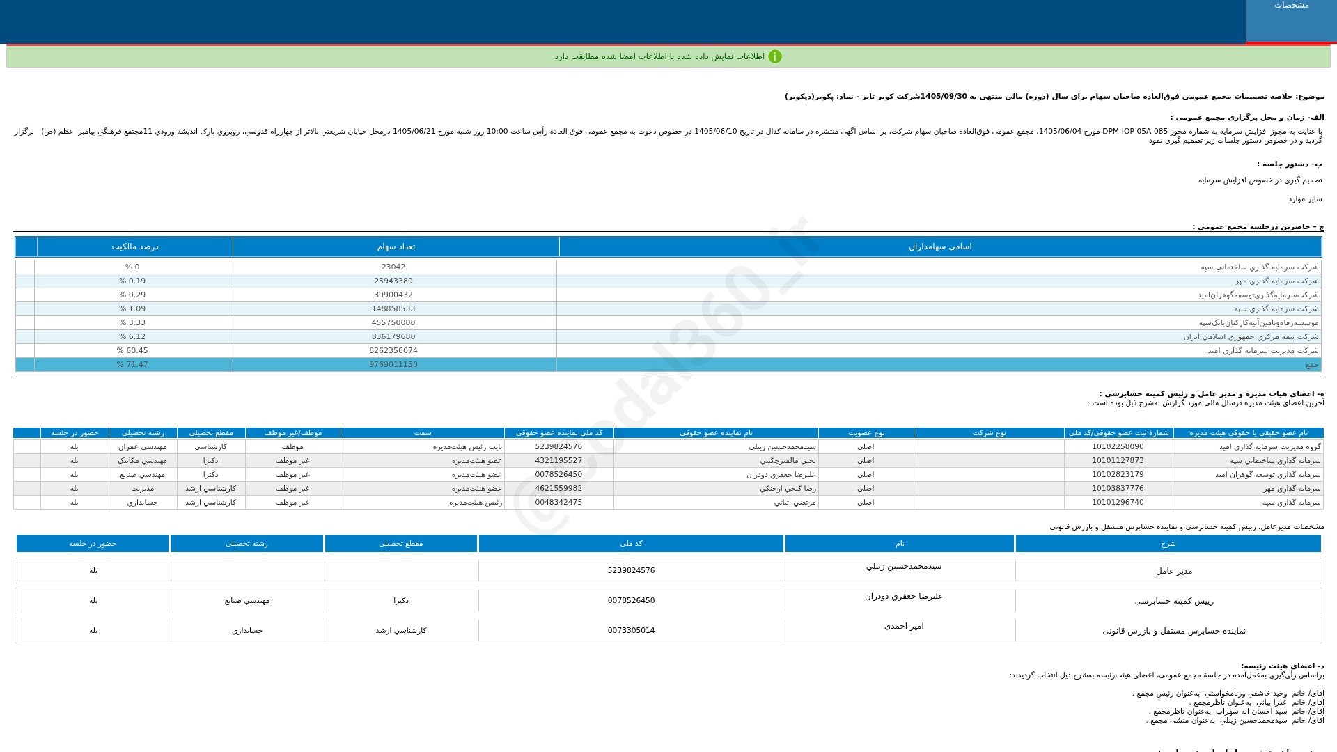 «پکویر خلاصه تصمیمات مجمع عمومی فوق العاده دوره 12 ماهه منتهی به 1405/09/30 شرکت کویر تایر» — تصویر پیوست