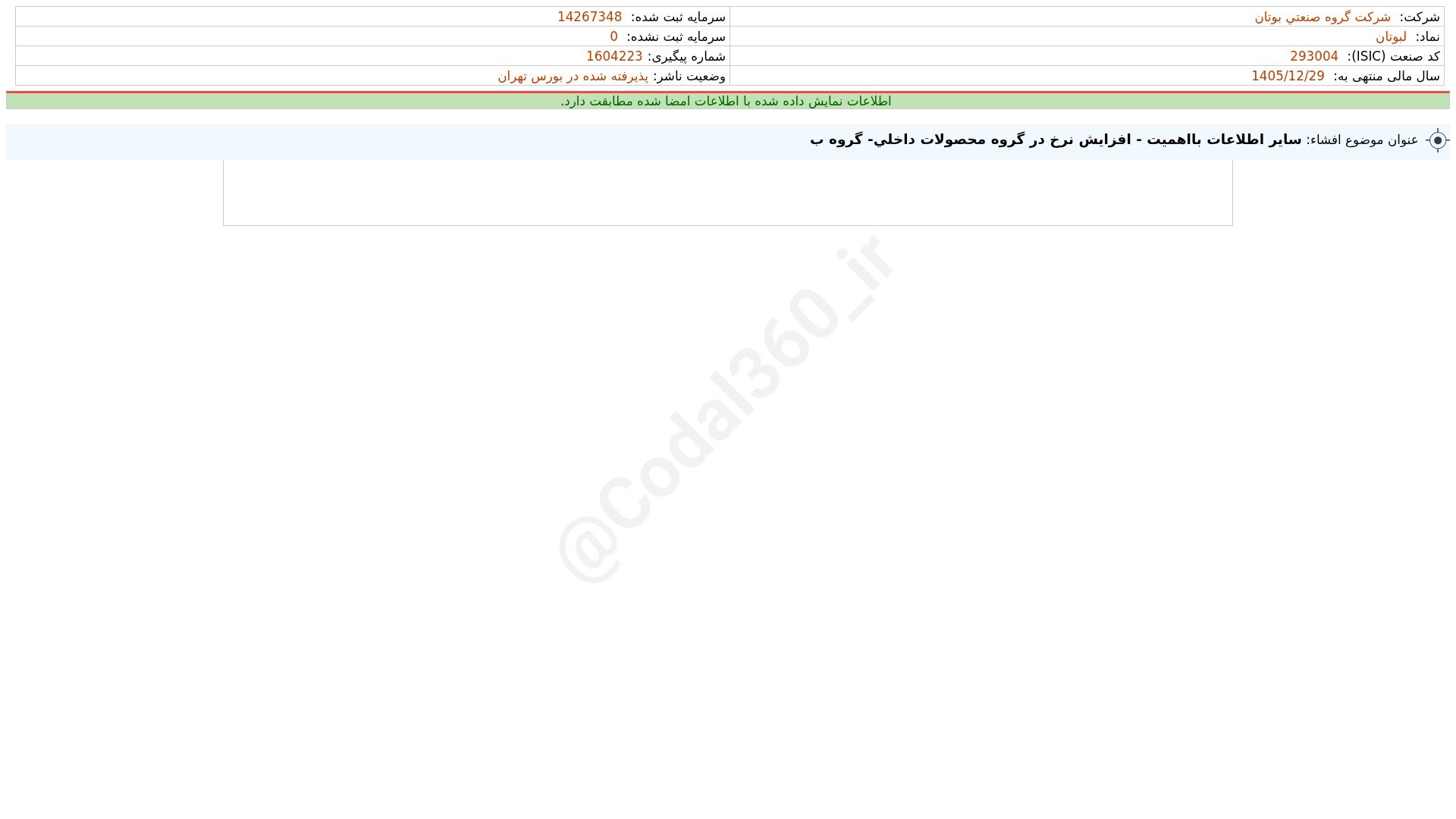 «لبوتان افشای اطلاعات بااهمیت - (سایر اطلاعات بااهمیت - افزایش نرخ در گروه محصولات داخلی…» — تصویر پیوست