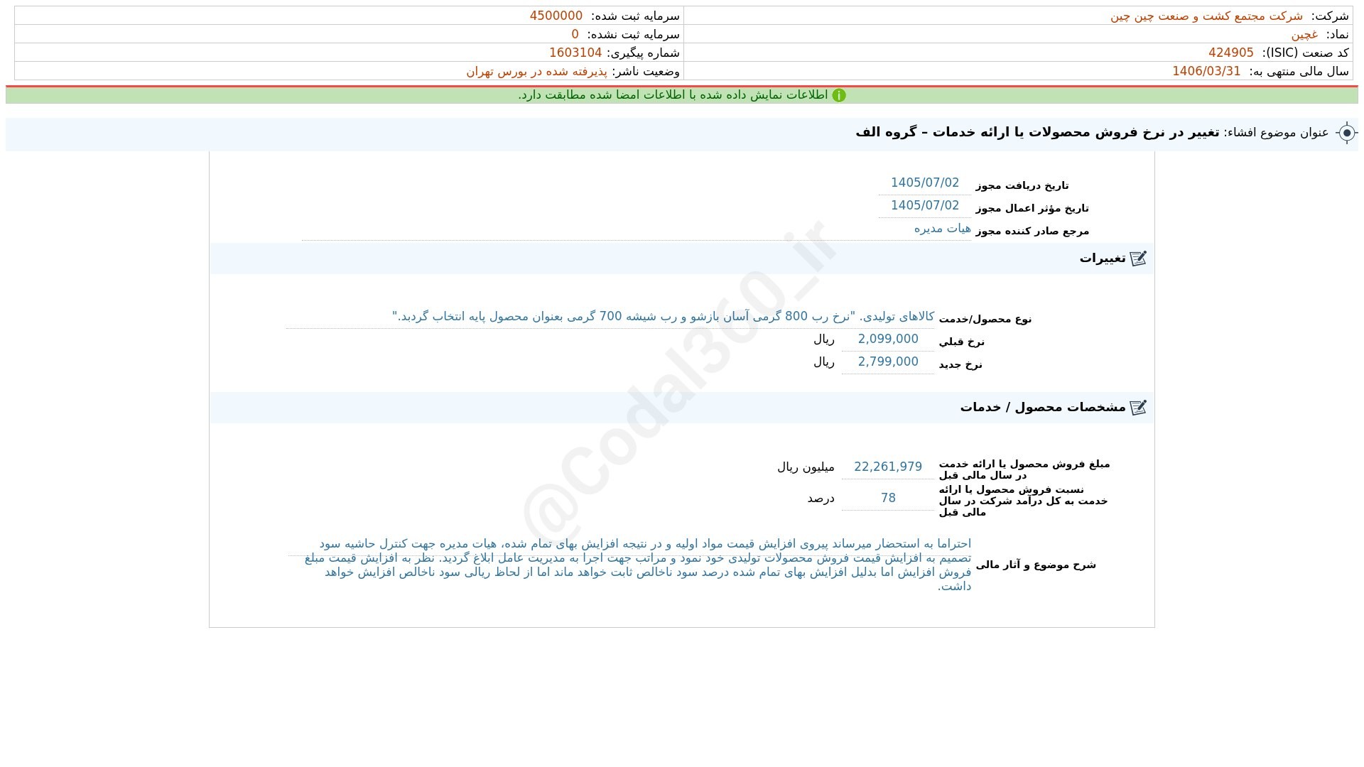 «غچین افشای اطلاعات بااهمیت - (تغییر در نرخ فروش محصولات یا ارایه خدمات – گروه الف) منتهی…» — تصویر پیوست