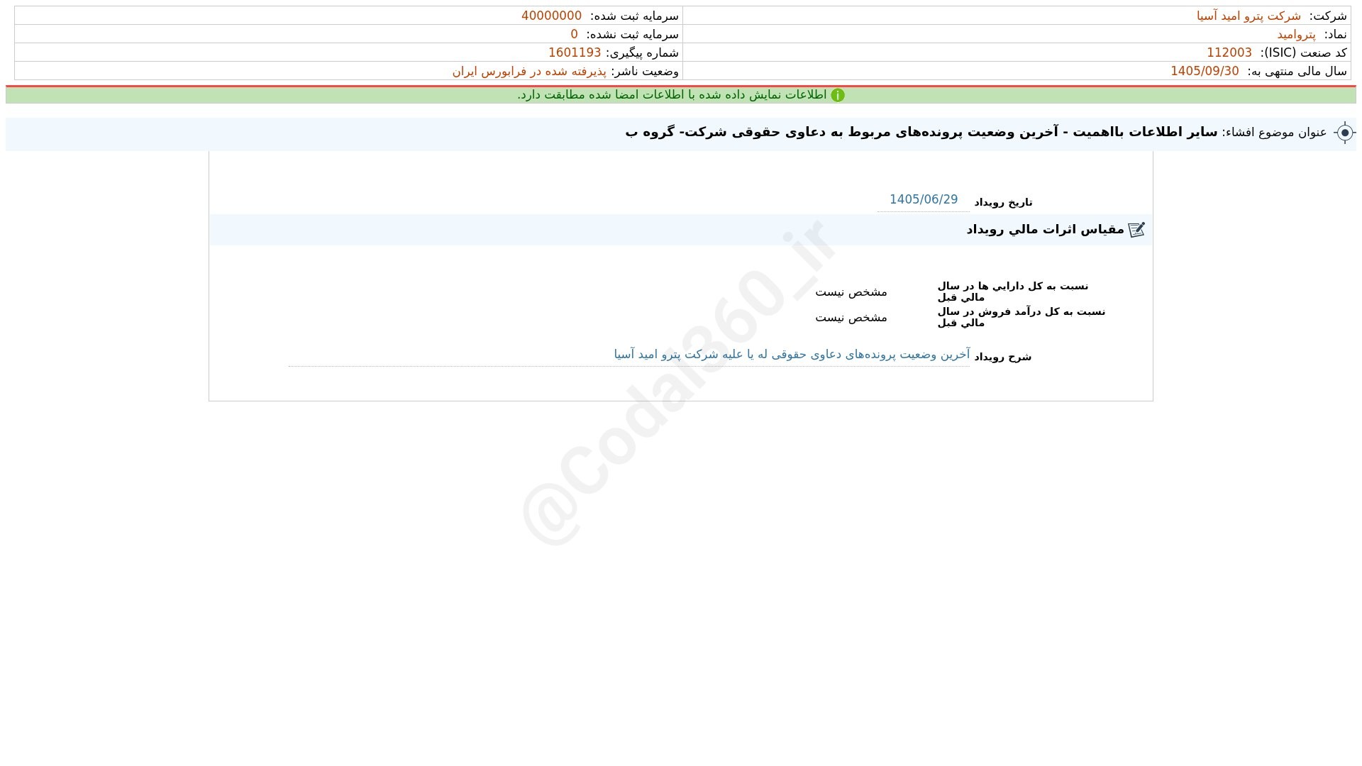 «پتروامید افشای اطلاعات بااهمیت - (سایر اطلاعات بااهمیت - آخرین وضعیت پرونده‌های مربوط به…» — تصویر پیوست
