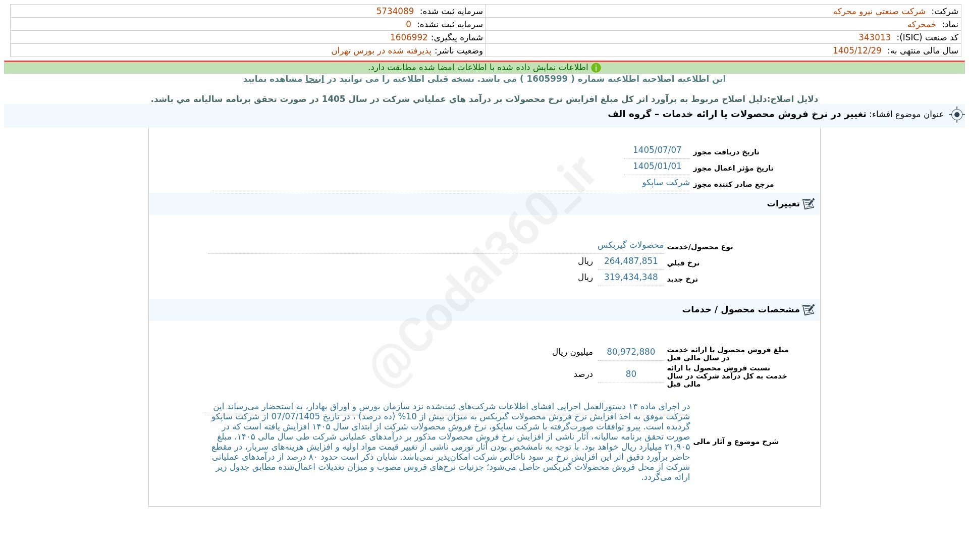 «خمحرکه افشای اطلاعات بااهمیت - (تغییر در نرخ فروش محصولات یا ارایه خدمات – گروه الف)…» — تصویر پیوست