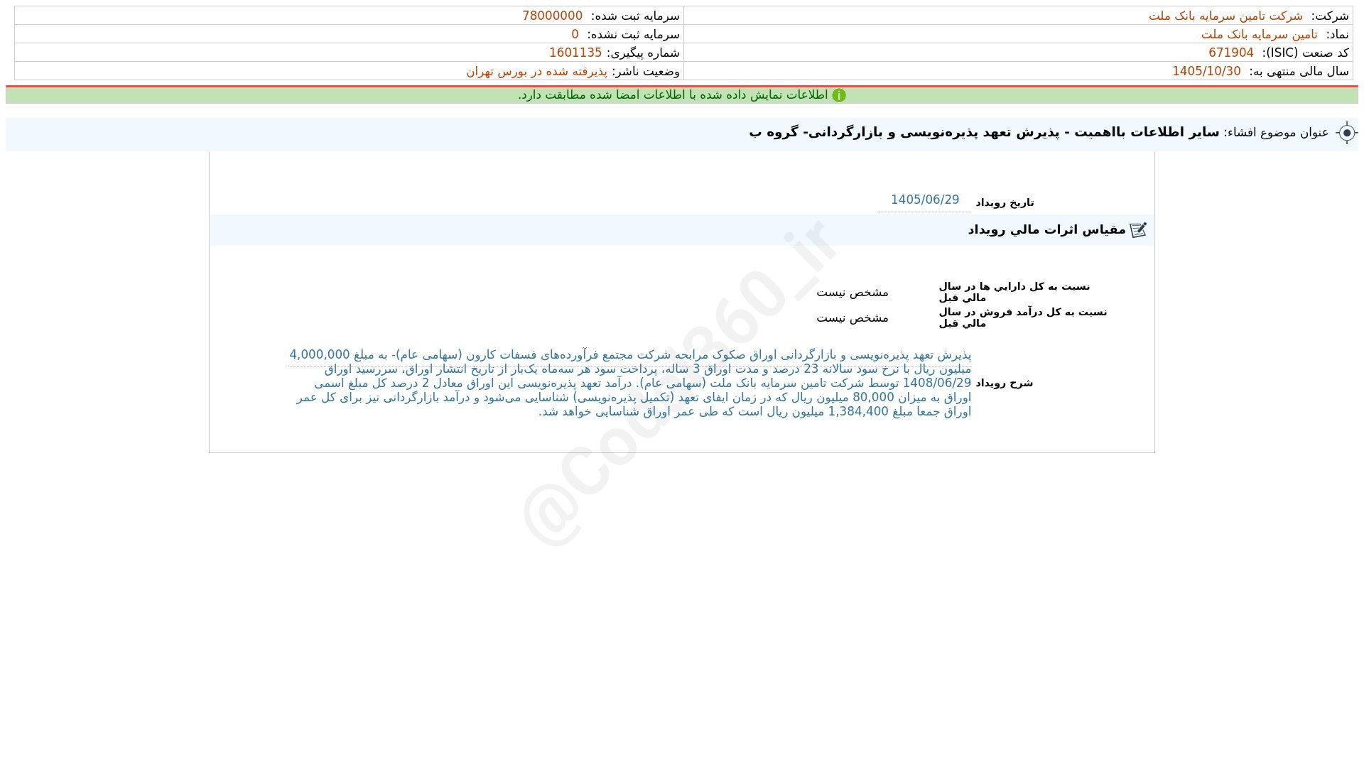 «تملت افشای اطلاعات بااهمیت - (سایر اطلاعات بااهمیت - پذیرش تعهد پذیره‌نویسی و…» — تصویر پیوست