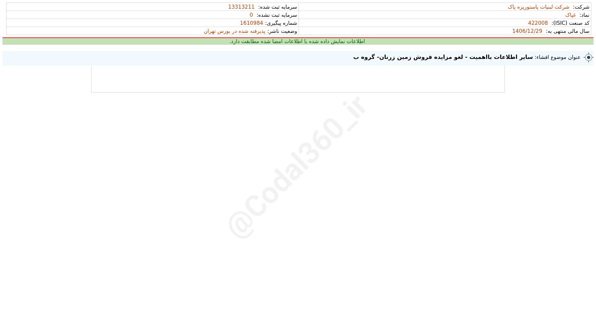 «غپاک افشای اطلاعات بااهمیت - (سایر اطلاعات بااهمیت - لغو مزایده فروش زمین زرنان- گروه ب)…» — تصویر پیوست