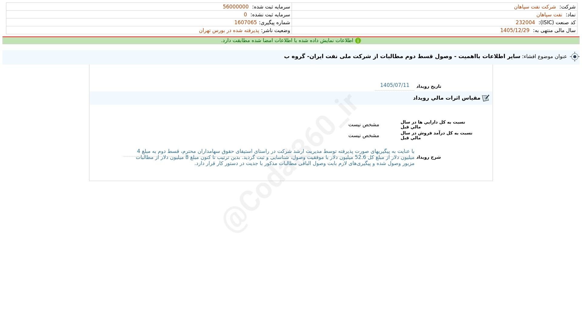 «شسپا افشای اطلاعات بااهمیت - (سایر اطلاعات بااهمیت - وصول قسط دوم مطالبات از شرکت ملی نفت…» — تصویر پیوست