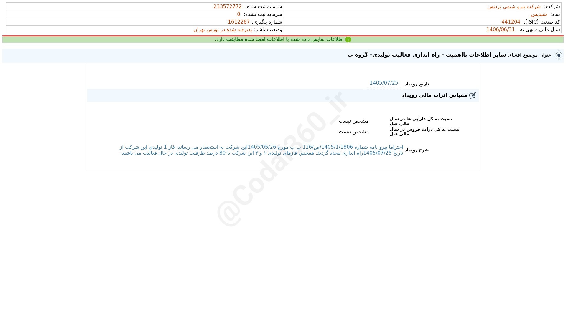 «شپدیس افشای اطلاعات بااهمیت - (سایر اطلاعات بااهمیت - راه اندازی فعالیت تولیدی- گروه ب)…» — تصویر پیوست
