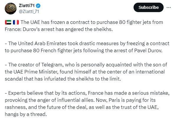 «در پی دستگیری پاول دوروف، امارات قرارداد خرید ۸۰ فروند جنگنده از فرانسه را به حالت تعلیق…» — تصویر پیوست