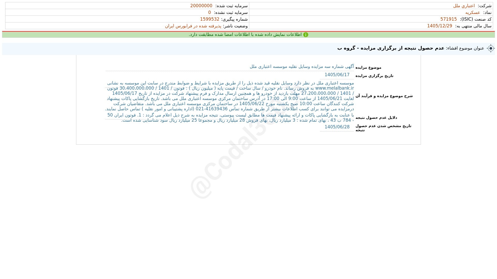 «وملل افشای اطلاعات بااهمیت - (عدم حصول نتیجه از برگزاری مزایده - گروه ب) منتهی به سال…» — تصویر پیوست