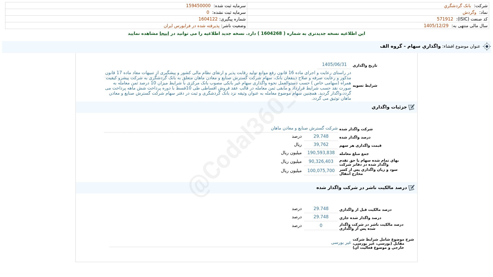 «وگردش افشای اطلاعات بااهمیت - (واگذاری سهام - گروه الف) منتهی به سال مالی 1405/12/29 شرکت…» — تصویر پیوست