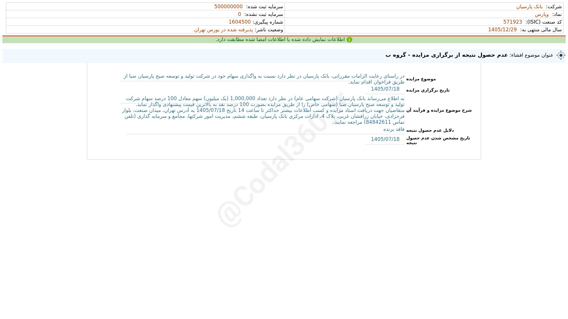 «وپارس افشای اطلاعات بااهمیت - (عدم حصول نتیجه از برگزاری مزایده - گروه ب) منتهی به سال…» — تصویر پیوست