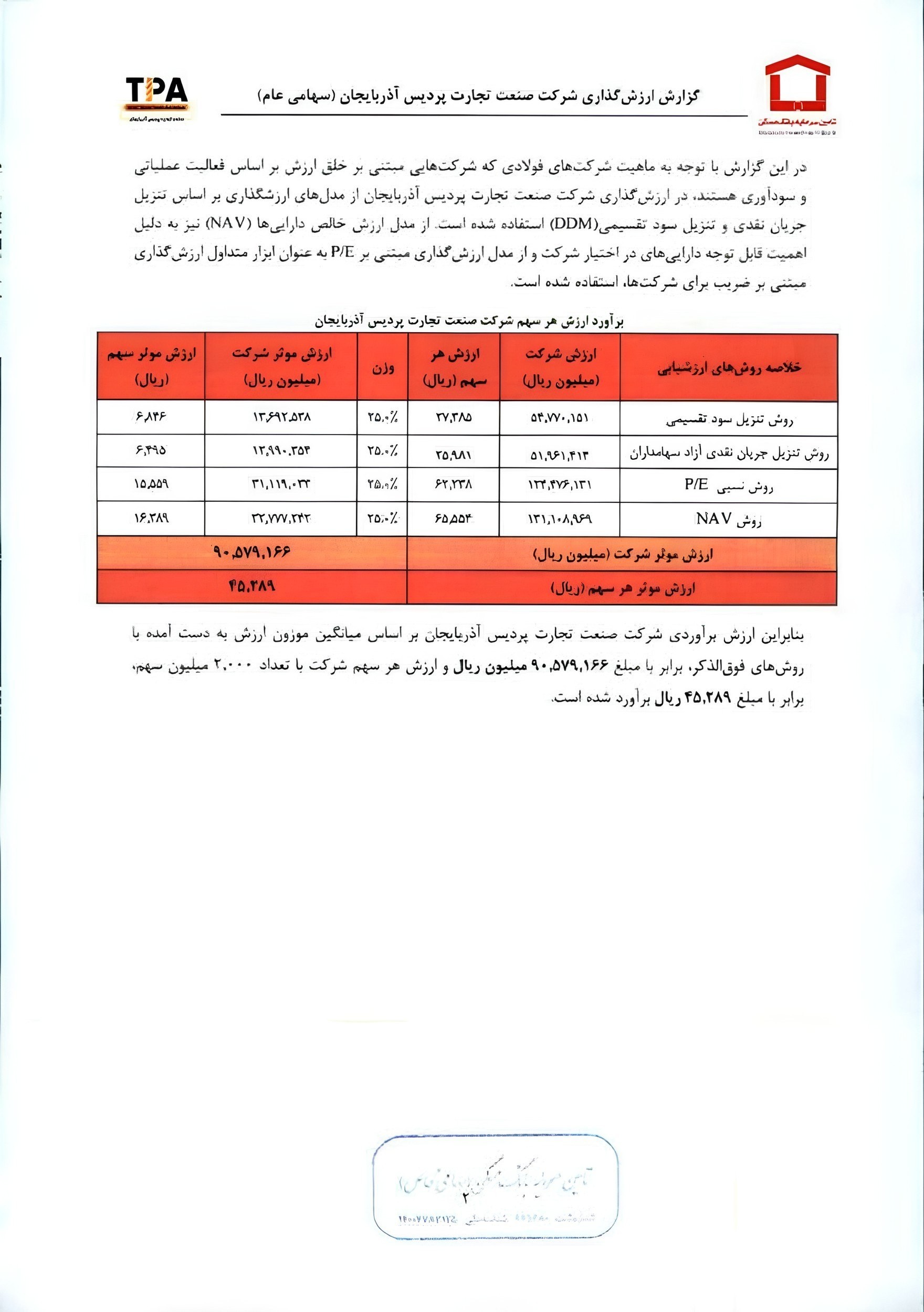 «فپردیس در گزارش ارزش‌گذاری حدود 9 همت ارزش‌گذاری شده است» — تصویر پیوست