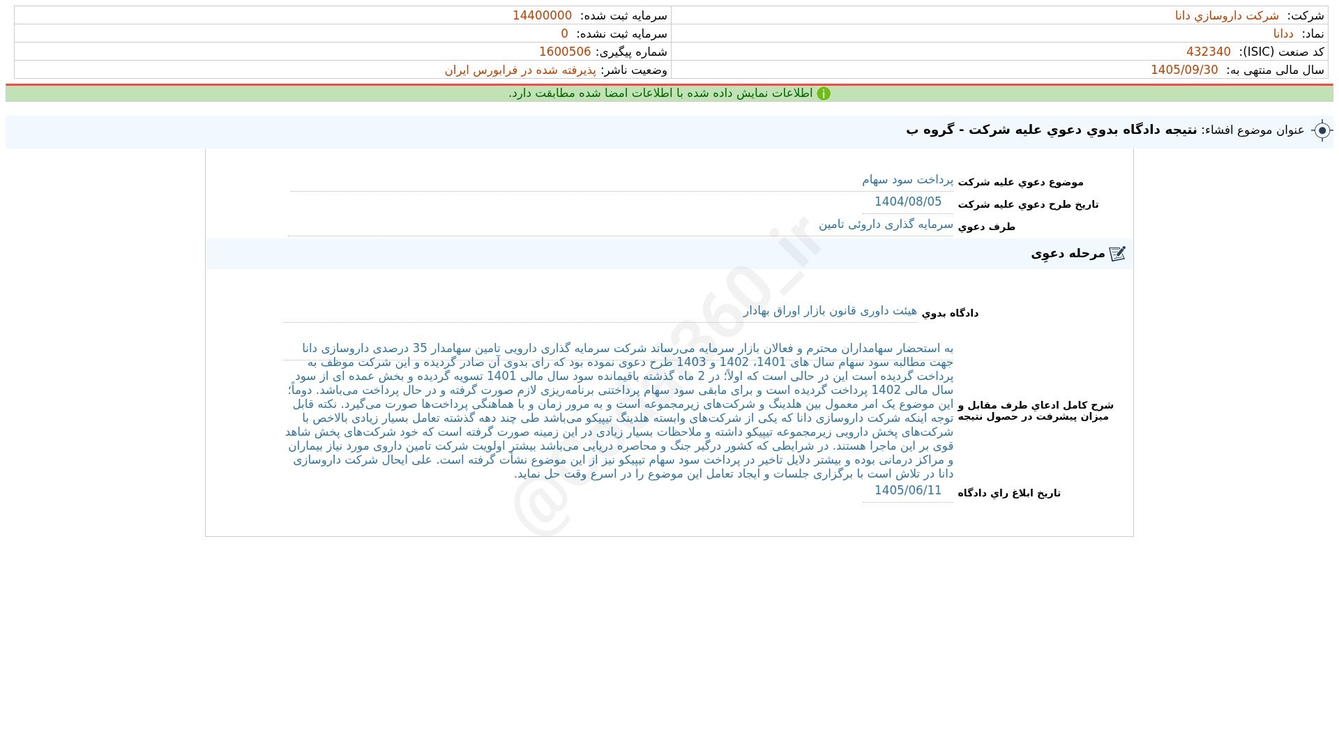 «ددانا افشای اطلاعات بااهمیت - (نتیجه دادگاه بدوی دعوی علیه شرکت - گروه ب) منتهی به سال…» — تصویر پیوست