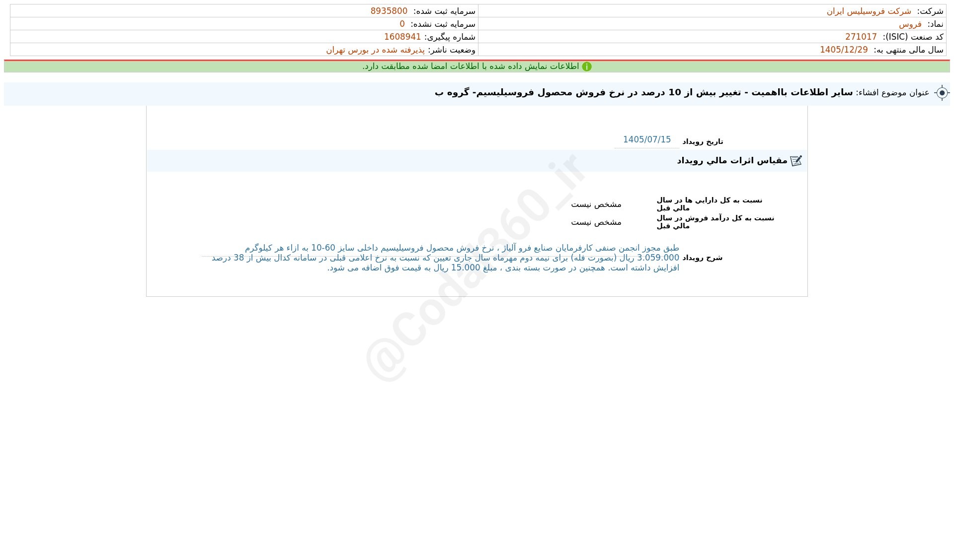 «فروس افشای اطلاعات بااهمیت - (سایر اطلاعات بااهمیت - تغییر بیش از 10 درصد در نرخ فروش…» — تصویر پیوست