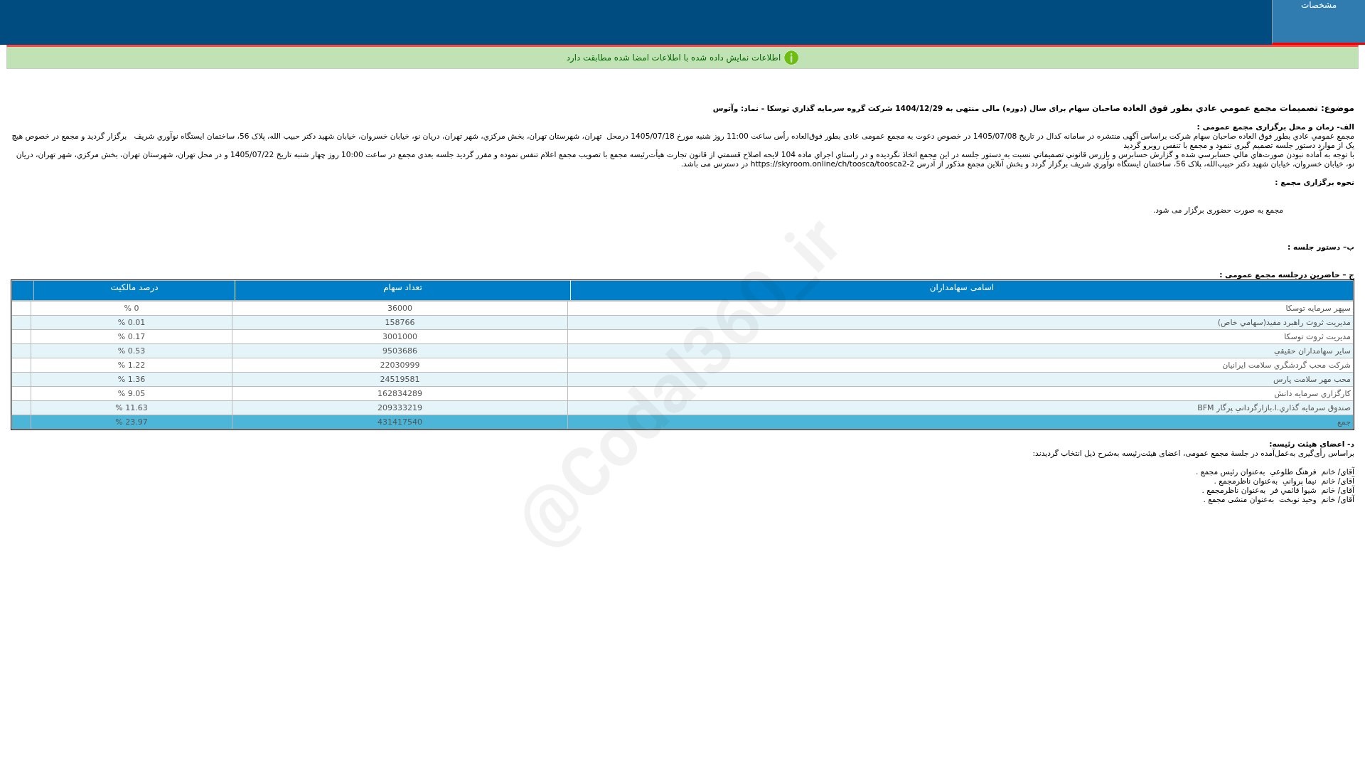 «وآتوس تصمیمات مجمع عمومی عادی به طور فوق العاده دوره 12 ماهه منتهی به 1404/12/29 شرکت…» — تصویر پیوست